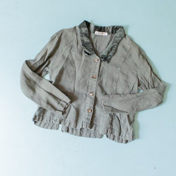 Cut Loose Gray Lagenlook Ruffle Hem 100% Linen Collared Button Jacket Size M - Picture 1 of 8
